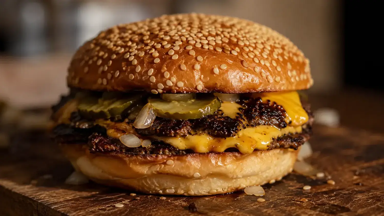 Finished smash burger on a toasted bun with melted cheese and char marks on the patty