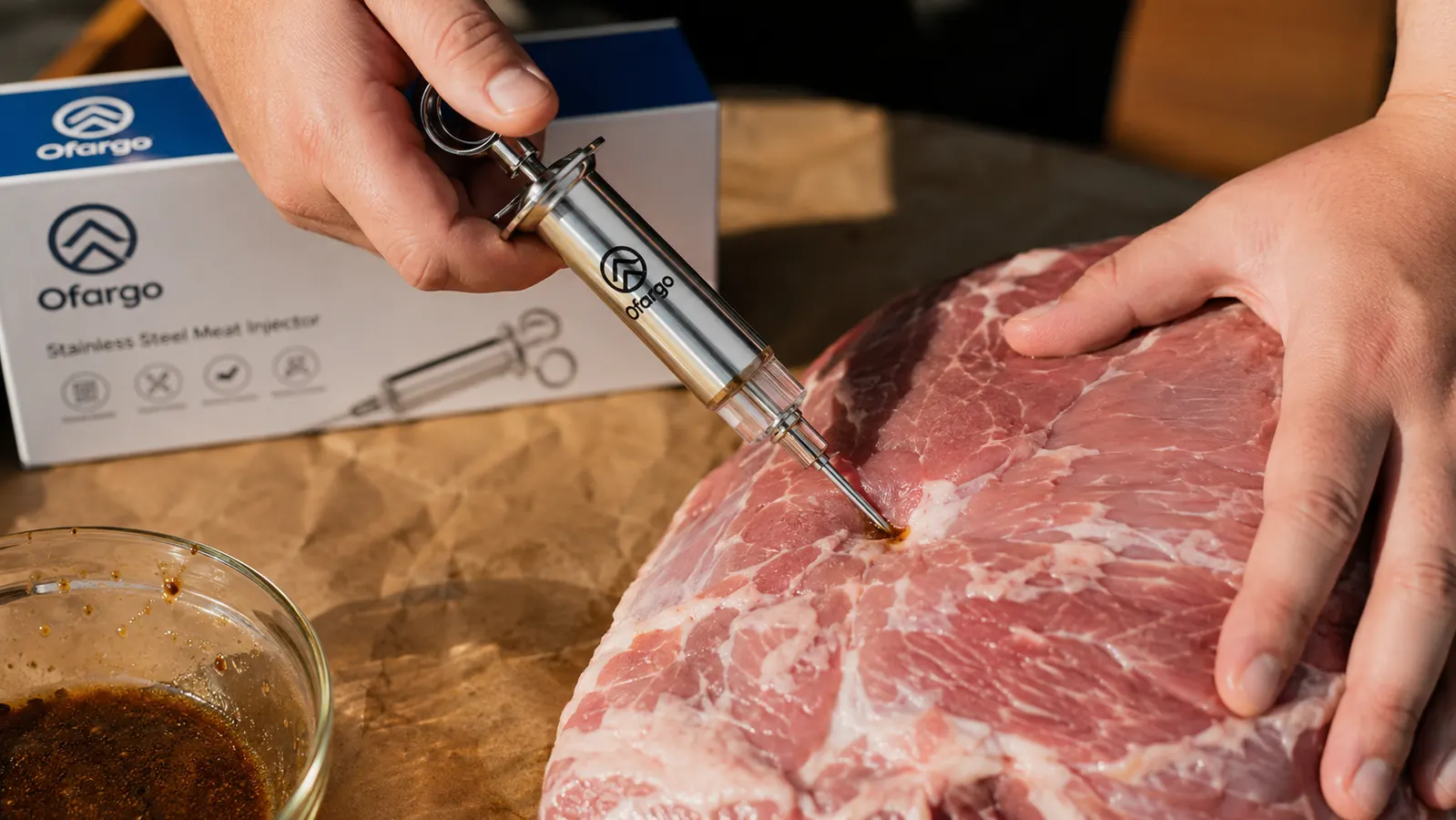 Hands pressing a meat injector needle into a raw pork shoulder butt with marinade visible at the injection site