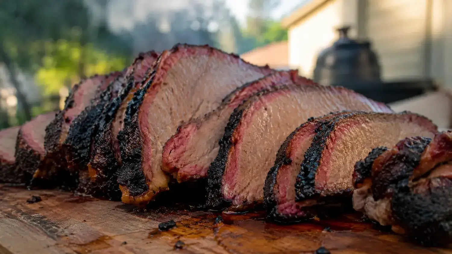 Sliced smoked brisket on a wooden cutting board showing moist pink interior and dark bark crust