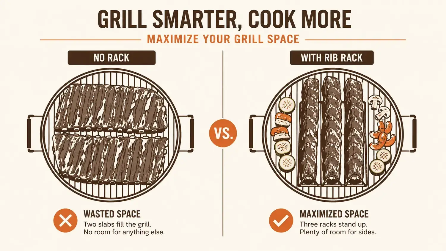 Side-by-side comparison showing ribs flat on a grill grate versus three racks standing upright in a rib rack with room to spare