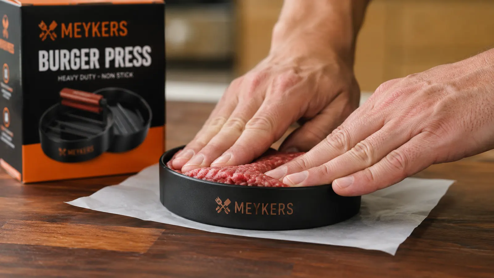 Hands pressing ground beef into a burger press mold over a sheet of wax paper
