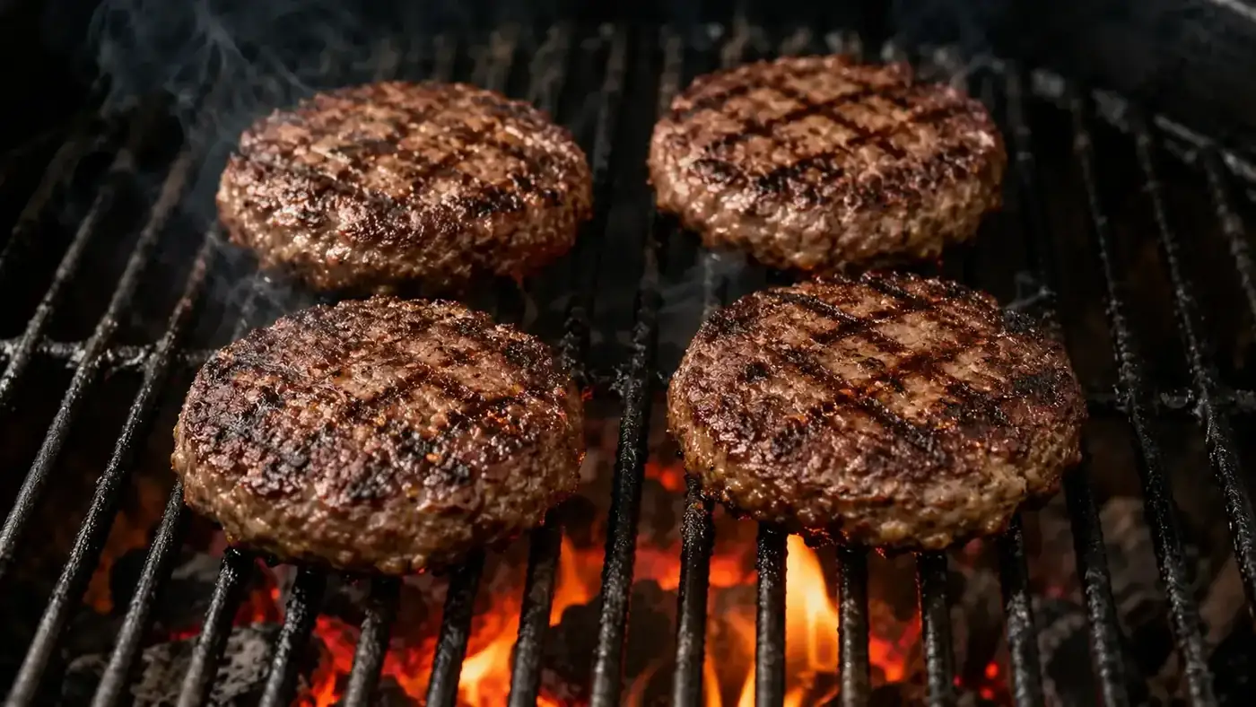 Four perfectly uniform burger patties cooking on a charcoal grill grate with good sear marks