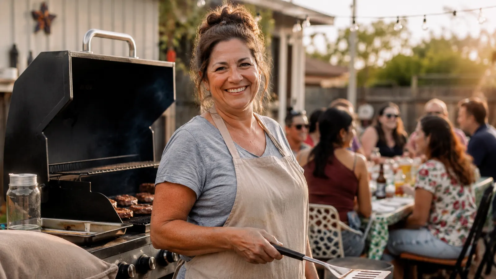 Woman smiling at a backyard cookout holding a spatula near a grill surrounded by family