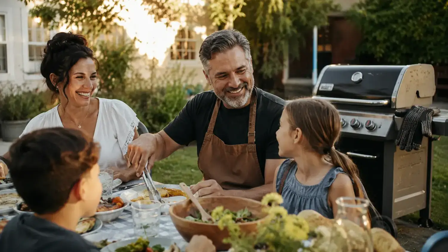 Backyard grill scene with family around the table, grill gloves visible on the side burner shelf