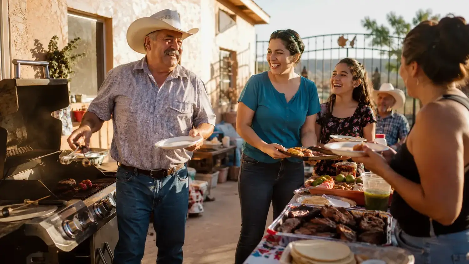 Family gathered around a backyard grill with food piled high on a serving table