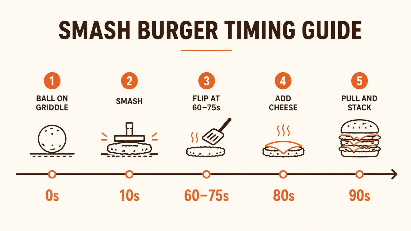 Chart showing the ideal smash burger timeline: ball drop at 0s, smash at 10s, flip at 60-75s, cheese at 80s, pull at 90s