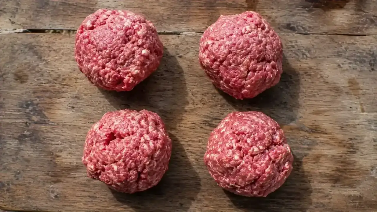 Overhead view of four loose 80/20 beef balls ready to be smashed, each roughly 2.5 to 3 oz, on a wooden cutting board