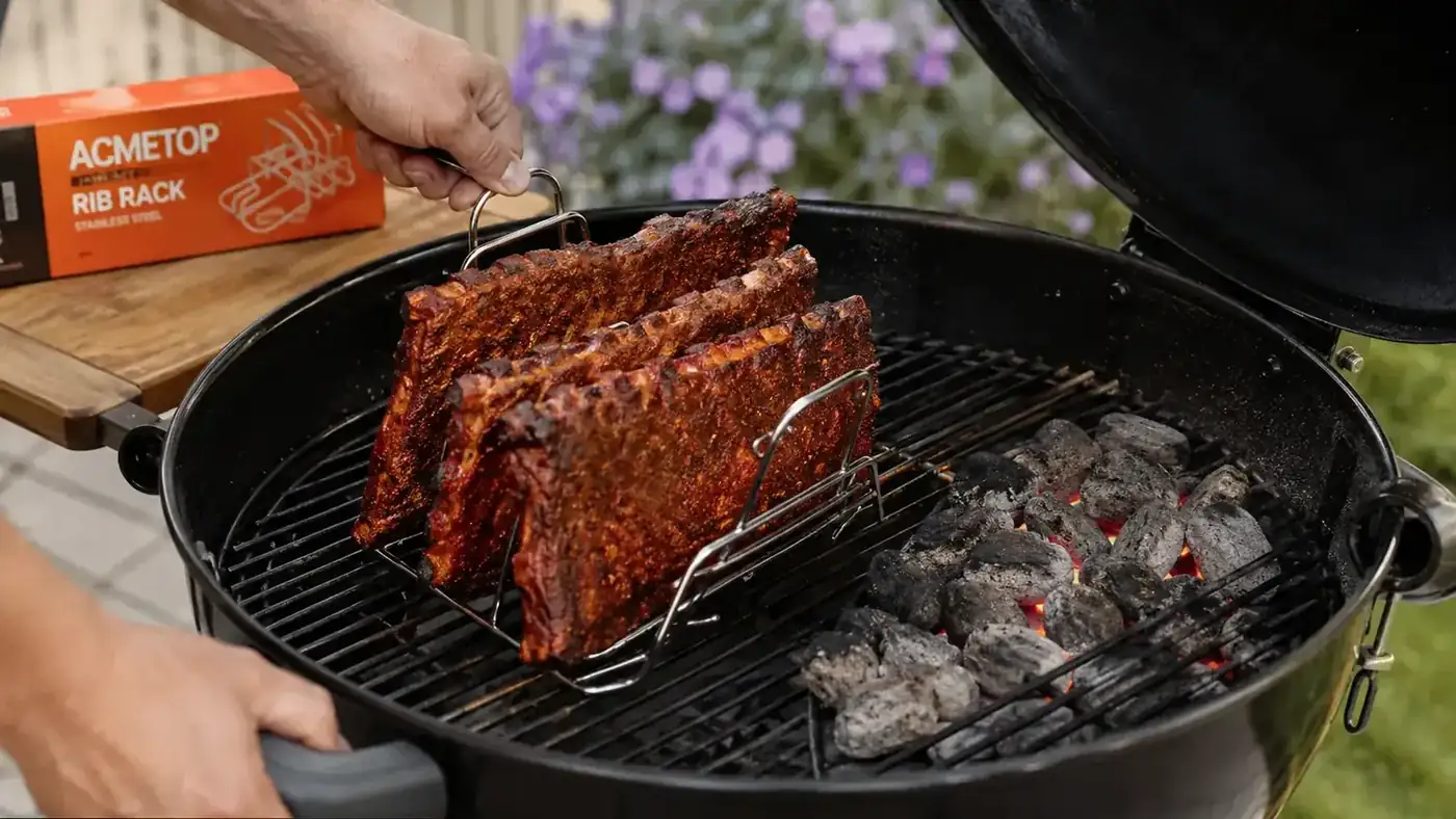 Stainless steel rib rack loaded with three racks of ribs sitting over the indirect heat zone of a charcoal grill