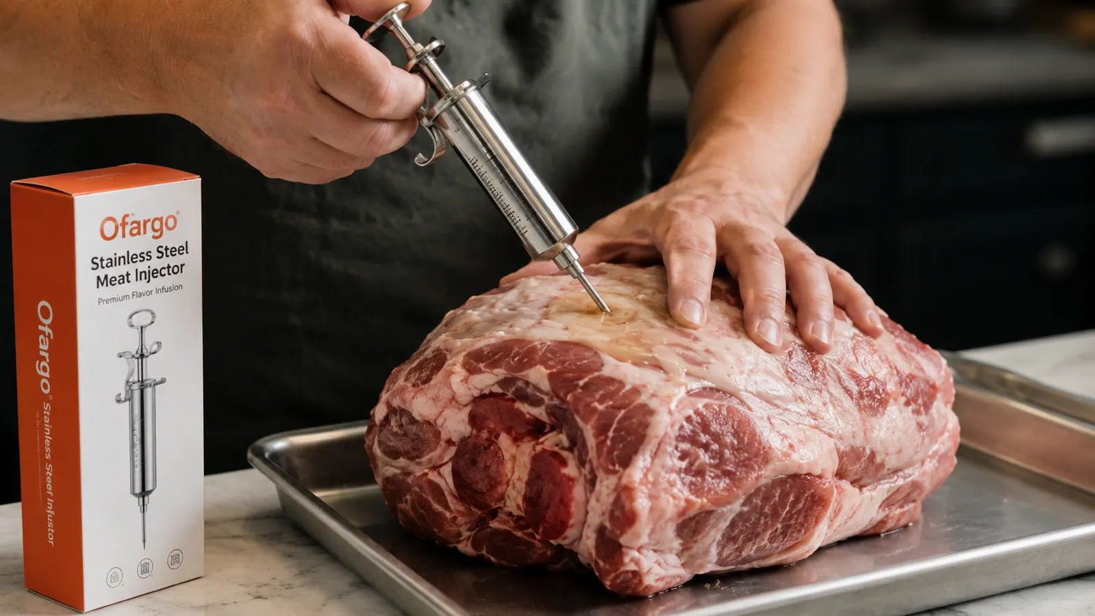 Injector needle inserted into a raw pork shoulder on a sheet pan, liquid marinade visible under the surface