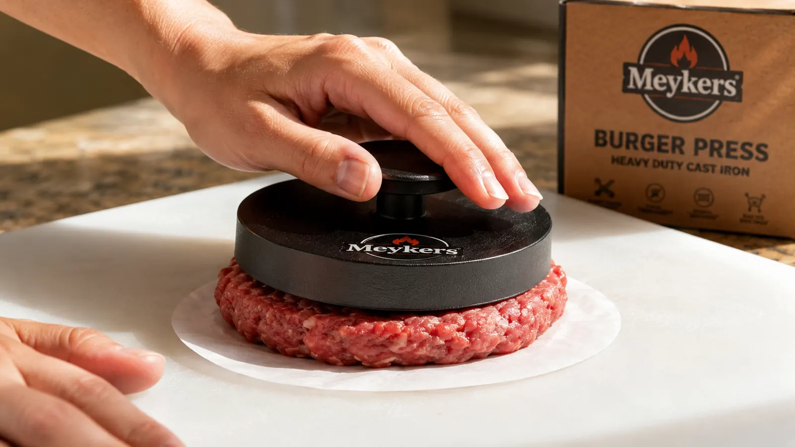 Close-up of the Meykers burger press in-use, pressing a raw beef patty into a wax paper on a cutting board