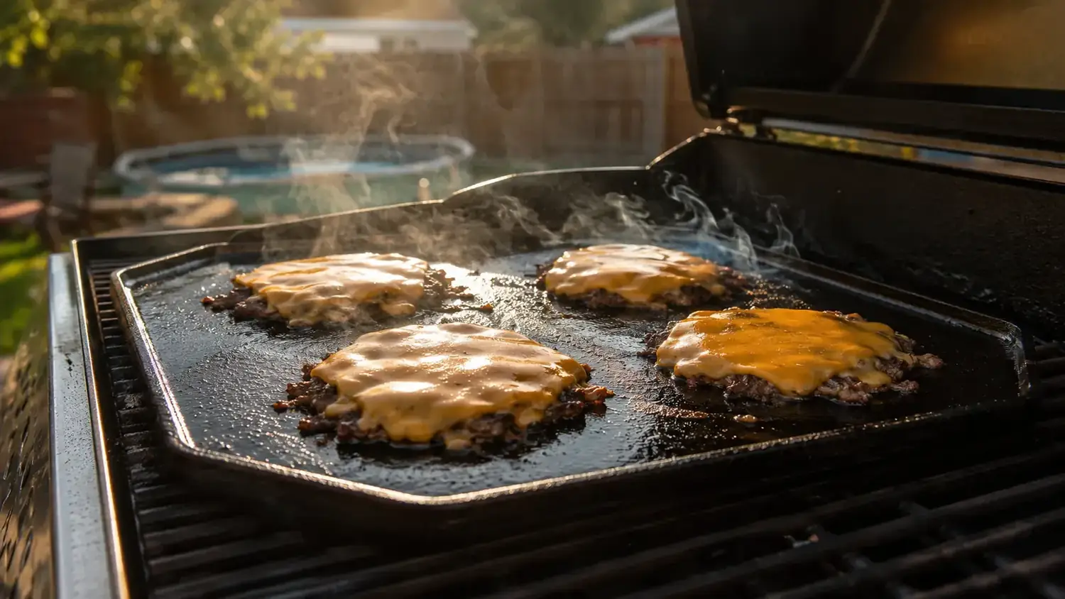Four smash burgers sizzling on a flat cast iron griddle on a backyard gas grill with cheese melting over the edges