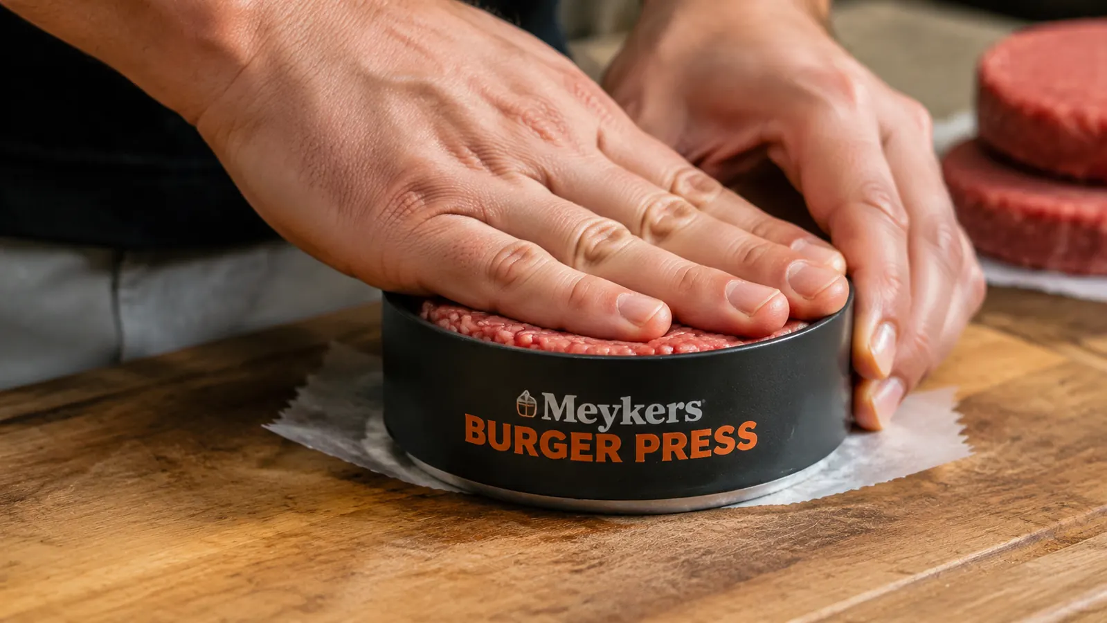 Hand pressing a raw beef patty into the Meykers burger press with wax paper visible underneath