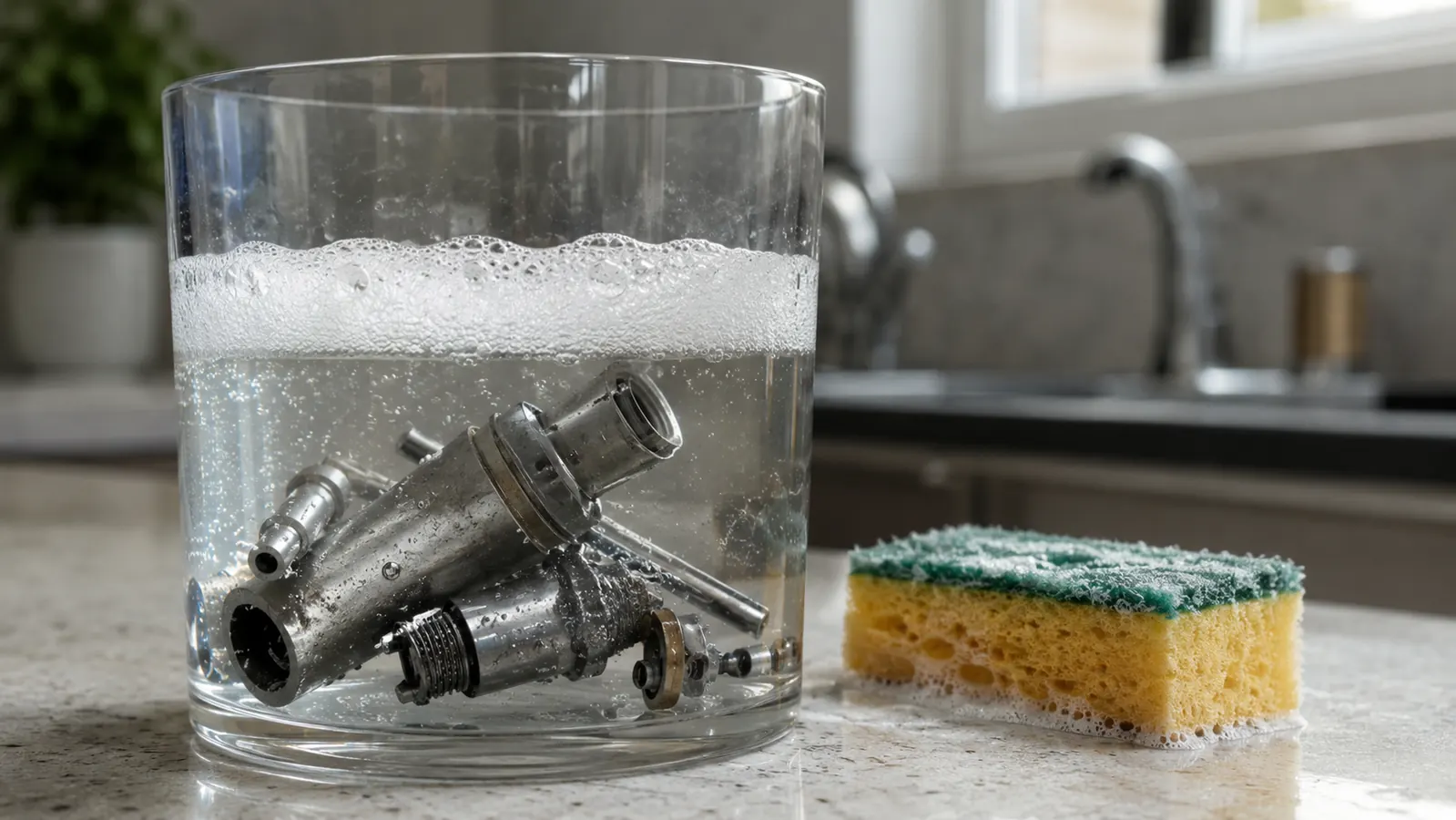 Disassembled injector parts soaking in a glass of soapy water on a kitchen counter, showing easy cleanup