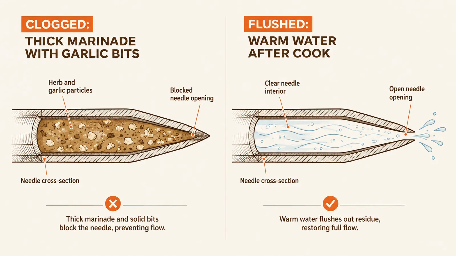 Split image showing a clogged needle on the left with chunky marinade particles, and a clean flushed needle on the right after rinsing