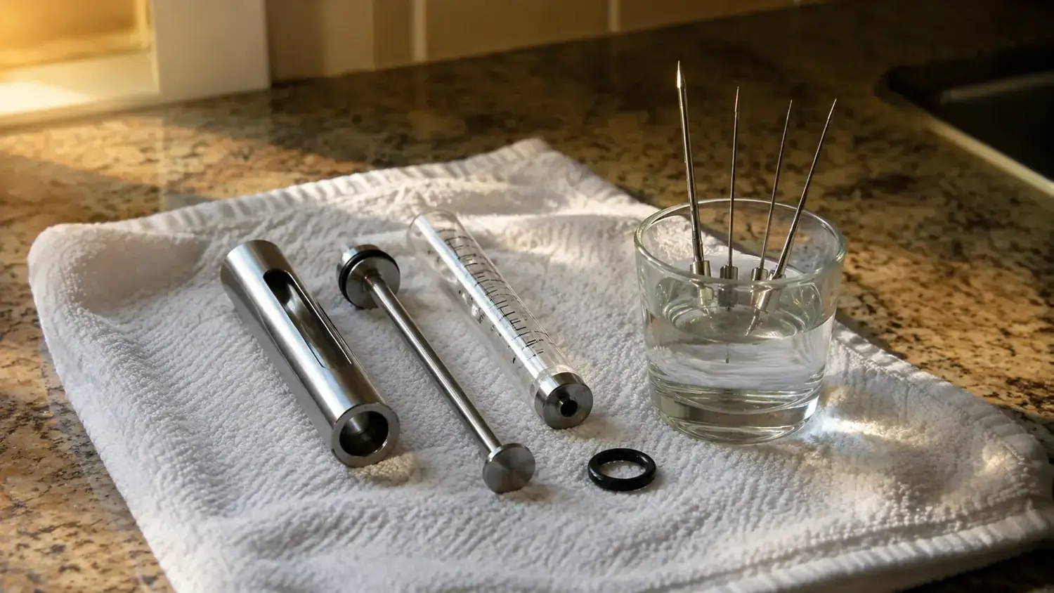 Meat injector components spread out on a dish towel after hand washing, needle tips propped upright in a glass to dry