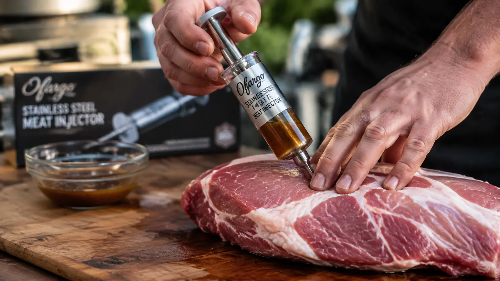 Hand holding the Ofargo injector needle being pushed into a pork shoulder, marinade visible in the barrel