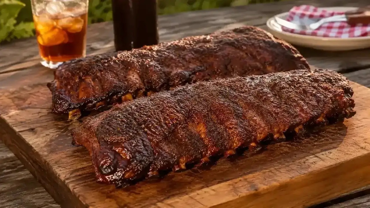 Finished racks of smoked ribs with deep mahogany bark resting on a cutting board after coming off the grill