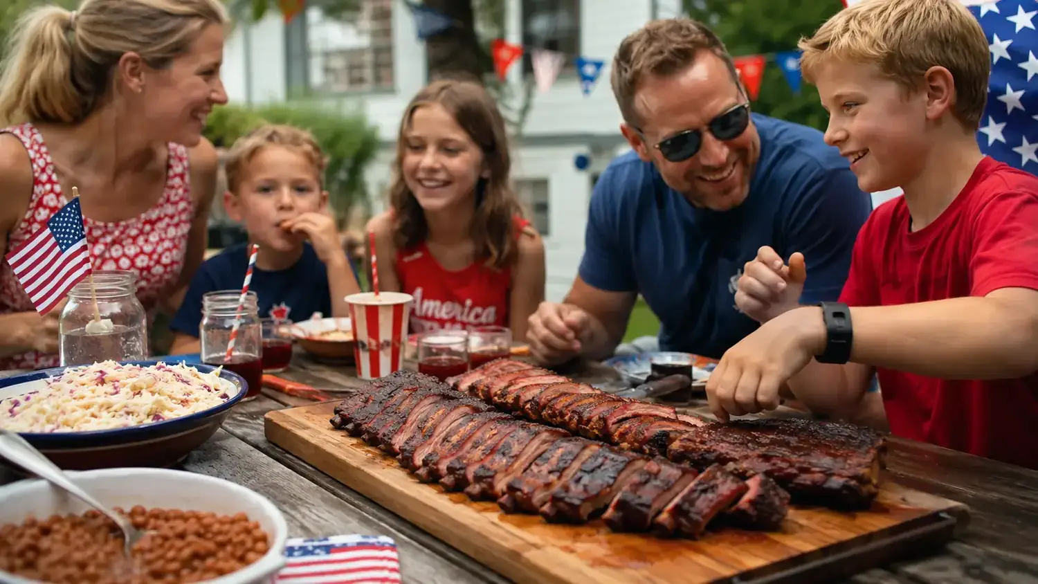 Finished smoked ribs on a wooden cutting board, glistening with a deep mahogany bark, surrounded by family at a backyard picnic table
