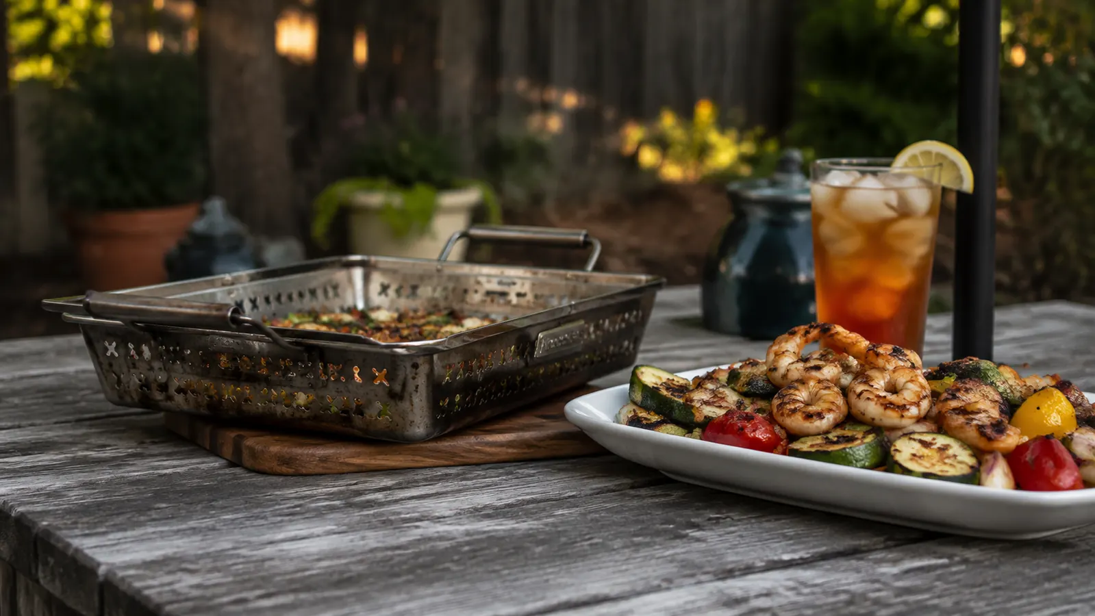 Weber Deluxe Grilling Basket sitting on a wooden picnic table next to a plate of grilled vegetables ready to serve